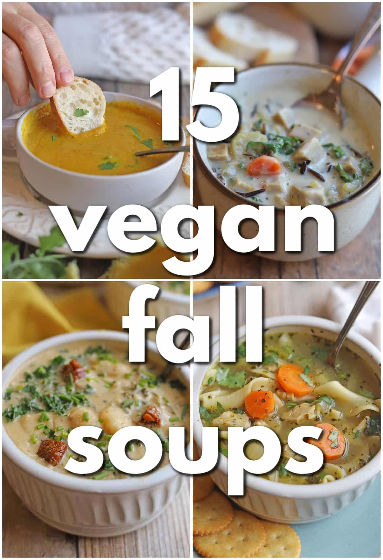 4-panel collage with squash soup, wild rice soup, gnocchi soup, and vegan chicken noodle soup. Text overlay: "15 vegan fall soups."