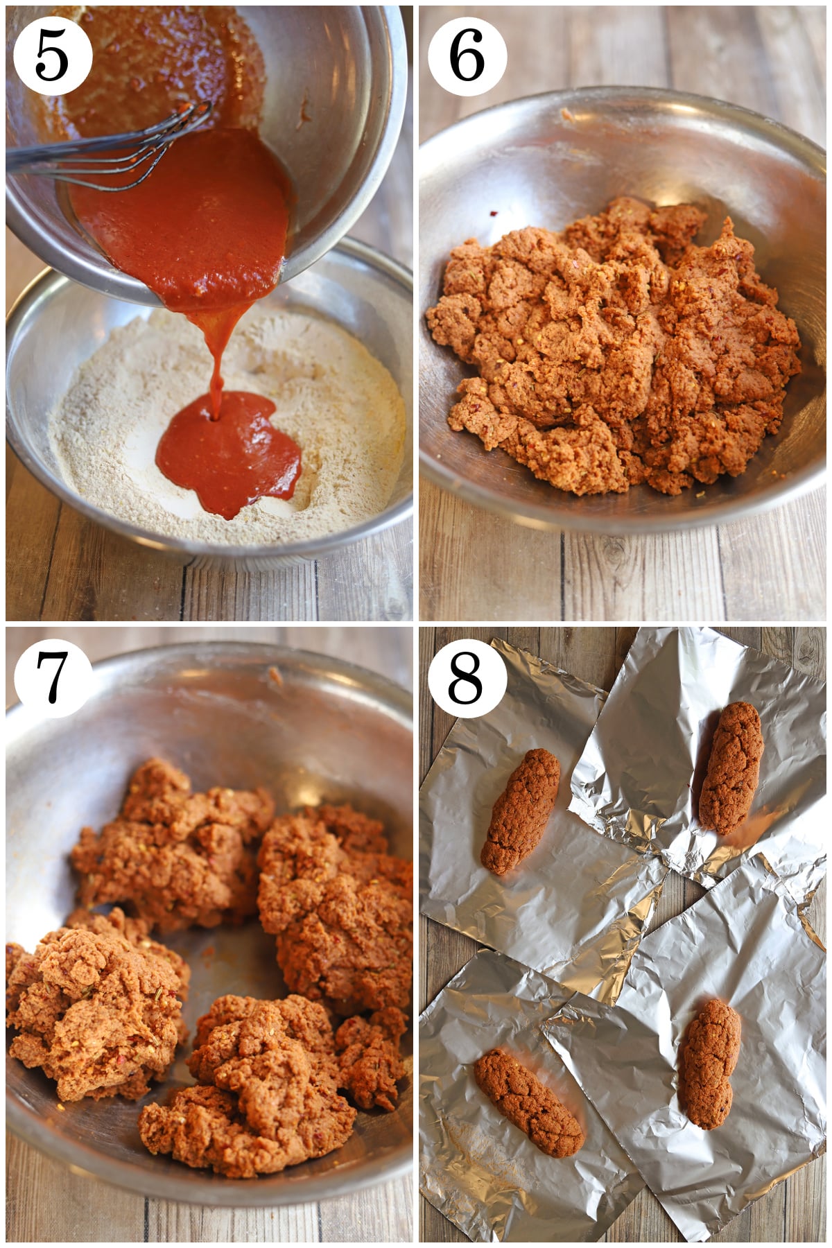 4-panel collage showing how to add wet ingredients to dry, combine into a dough, break into sections, and form into logs on foil.