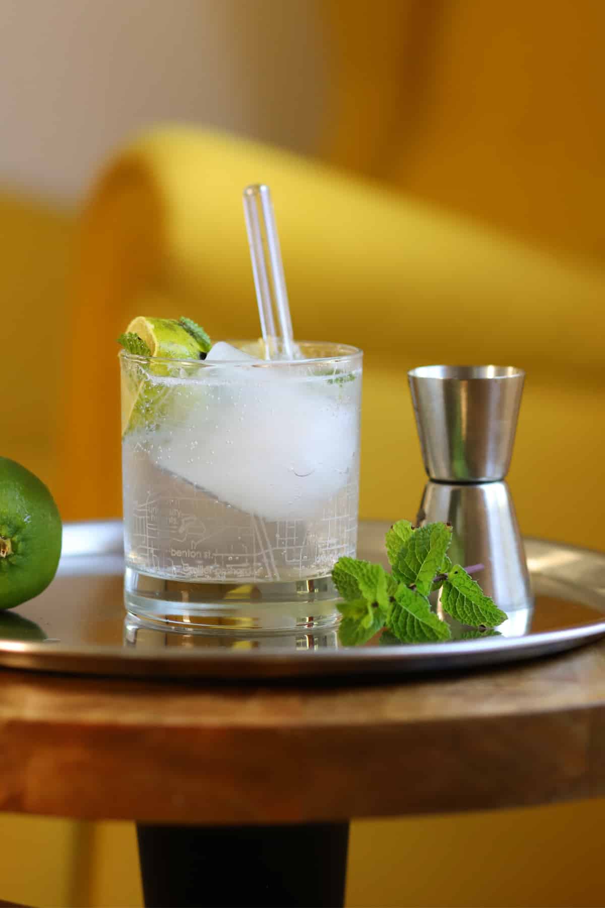 Crisp gin and tonic with glass straw on table by fresh mint leaves, lime, and jigger of gin.