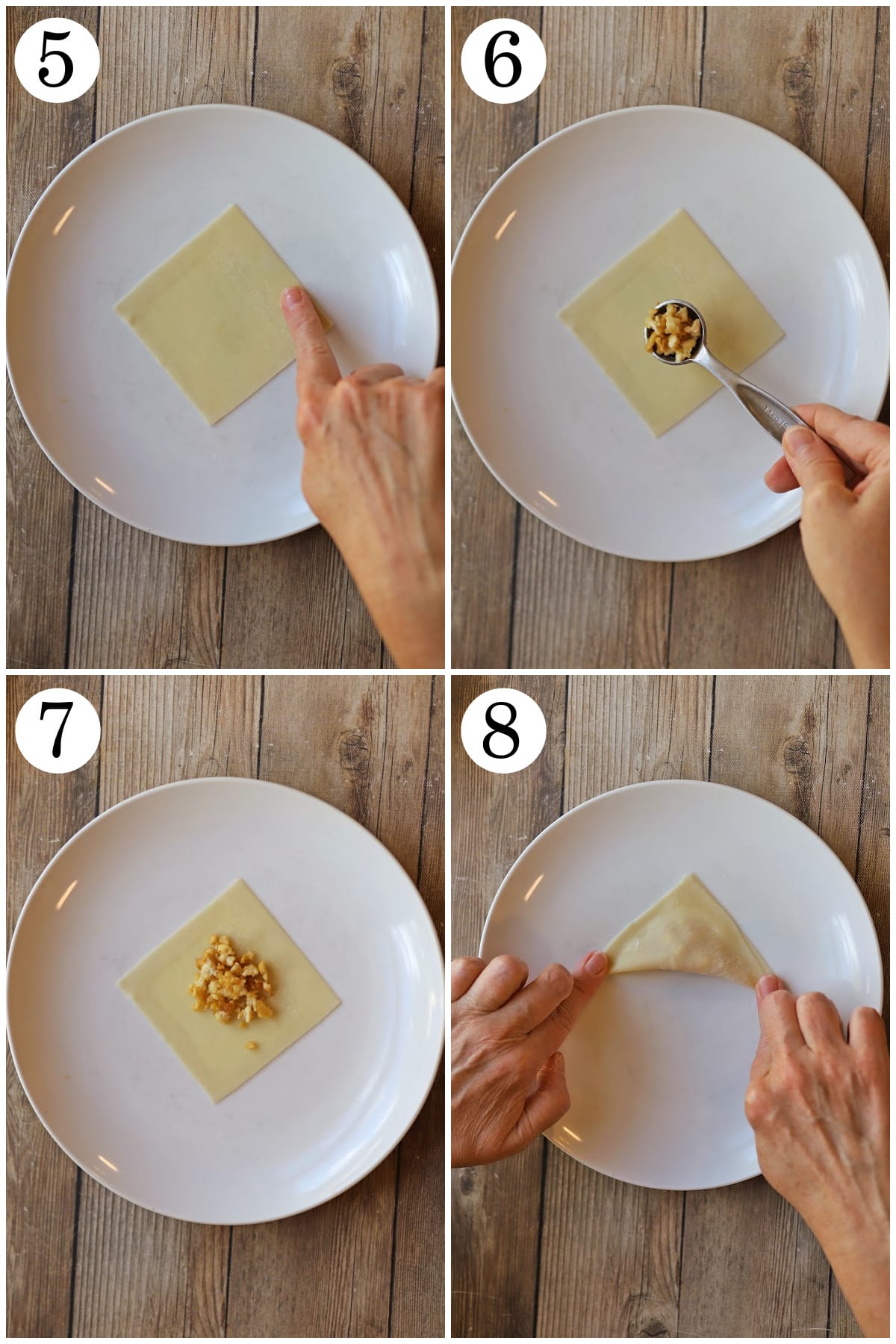 4-panel collage showing how to fill wonton wrappers with seasoned tofu and fold into triangle.