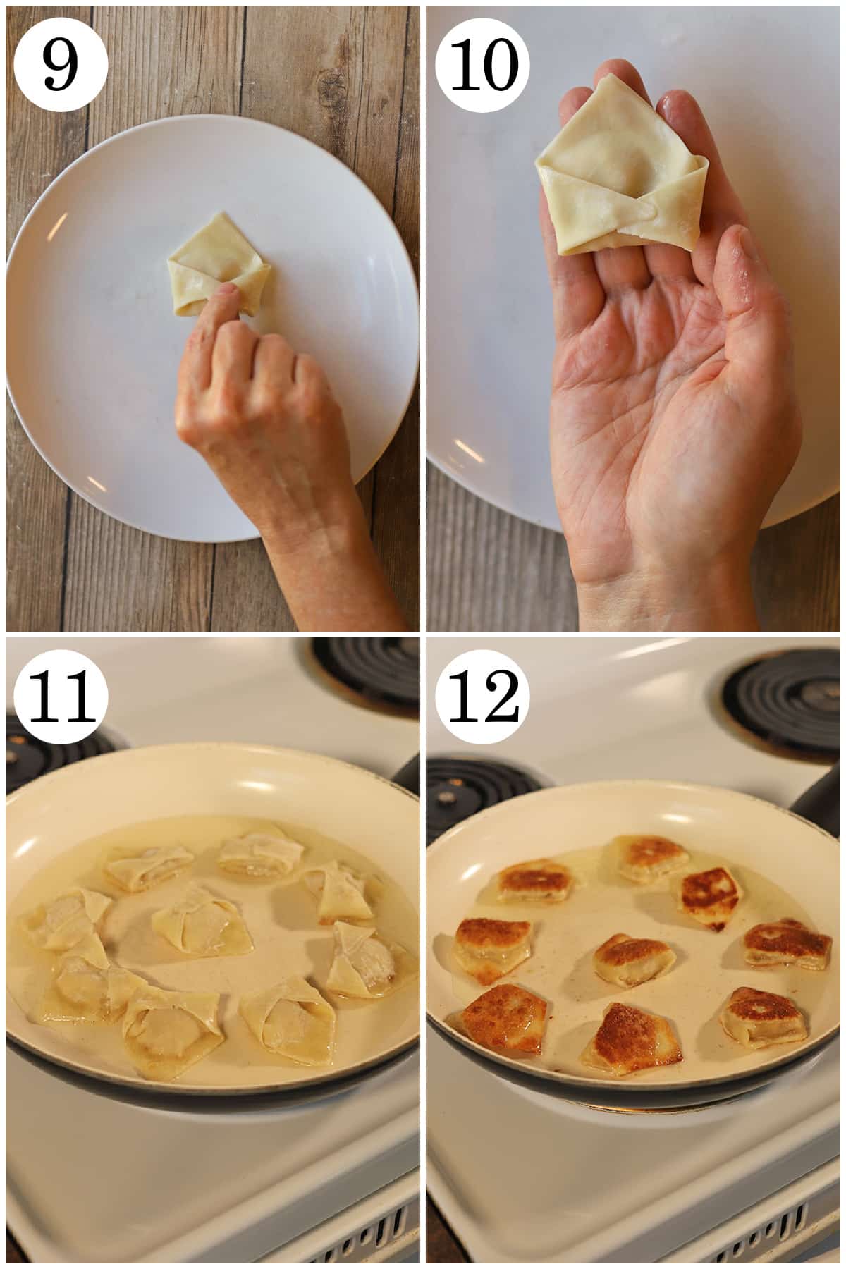 4-panel collage showing how to fold tofu dumplings and pan fry until golden.