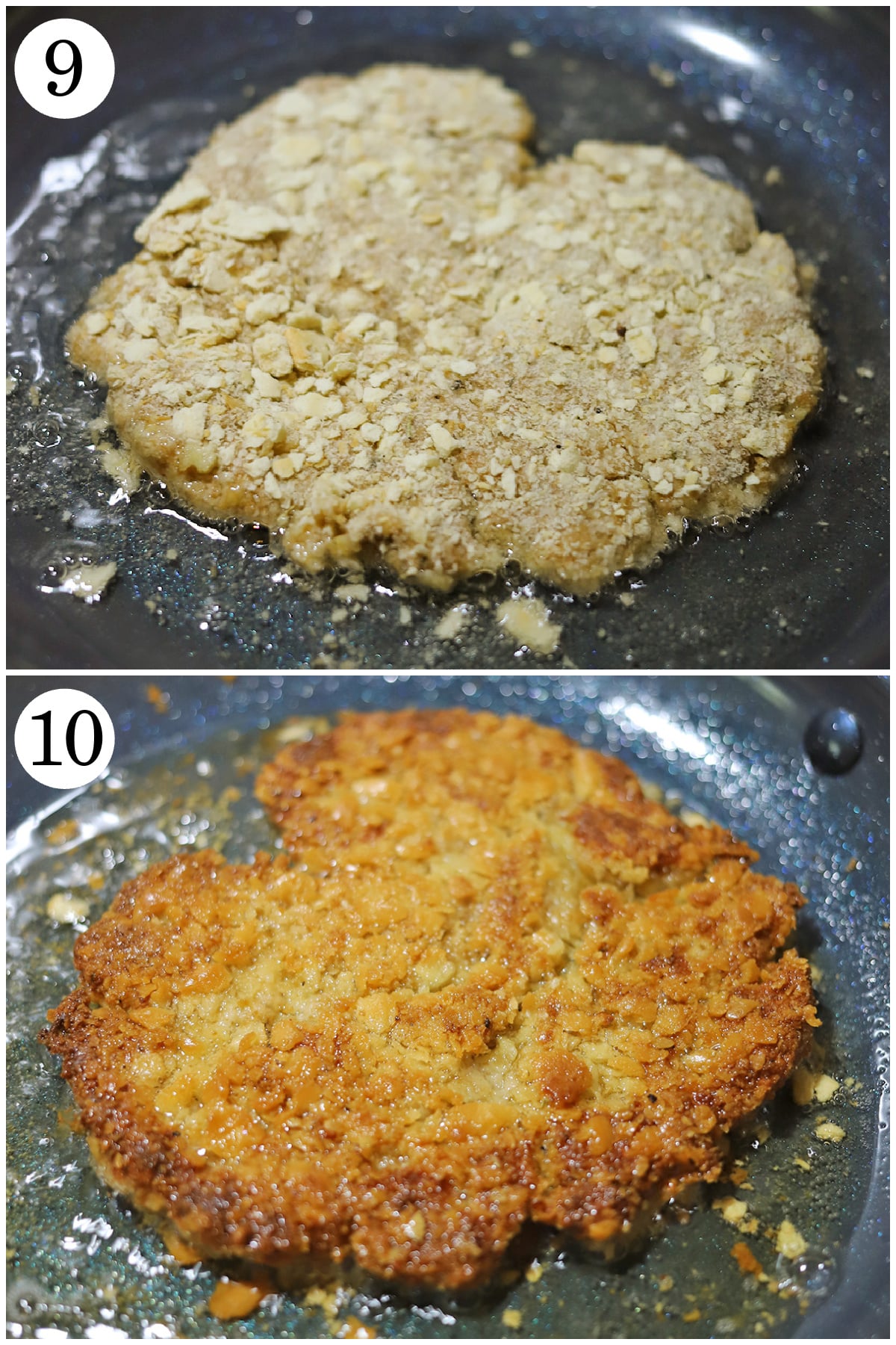2-panel collage pan frying and flipping vegan schnitzel in oiled skillet.