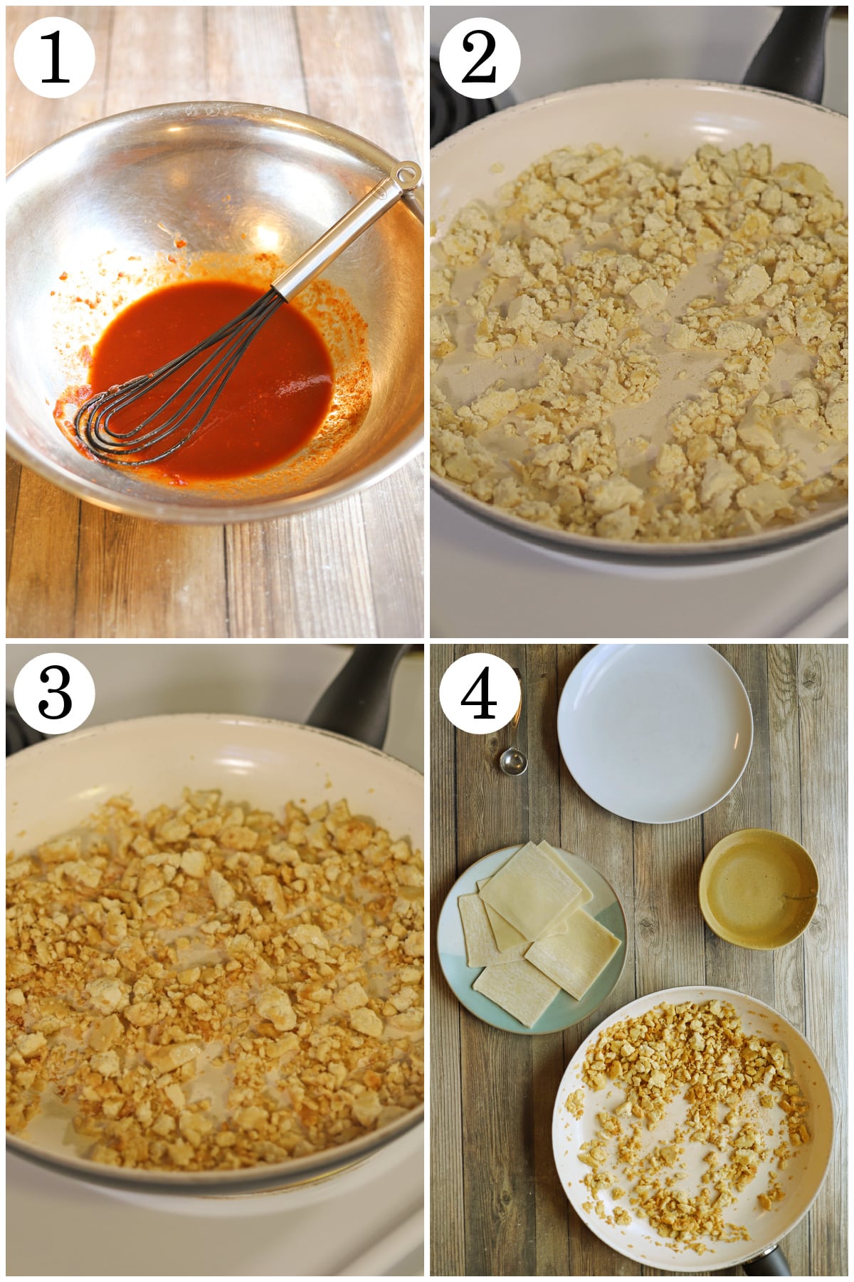 4-panel collage showing how to mix adobo sauce, brown and season crumbled tofu in skillet, and making filling station for dumplings.