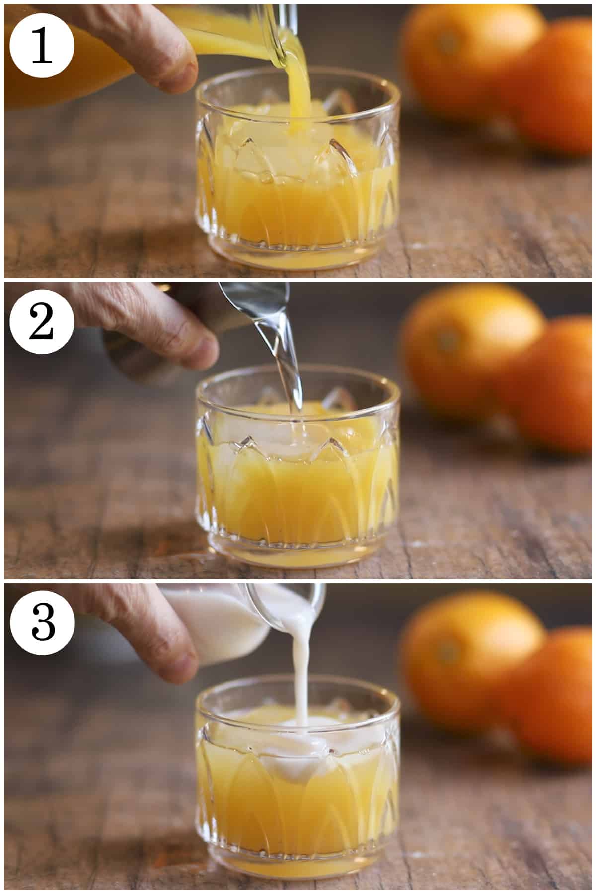 3-panel collage showing how to make orange creamsicle cocktail by adding orange juice to glass, followed by shot of gin, and a thin layer of creamy vanilla almond milk.