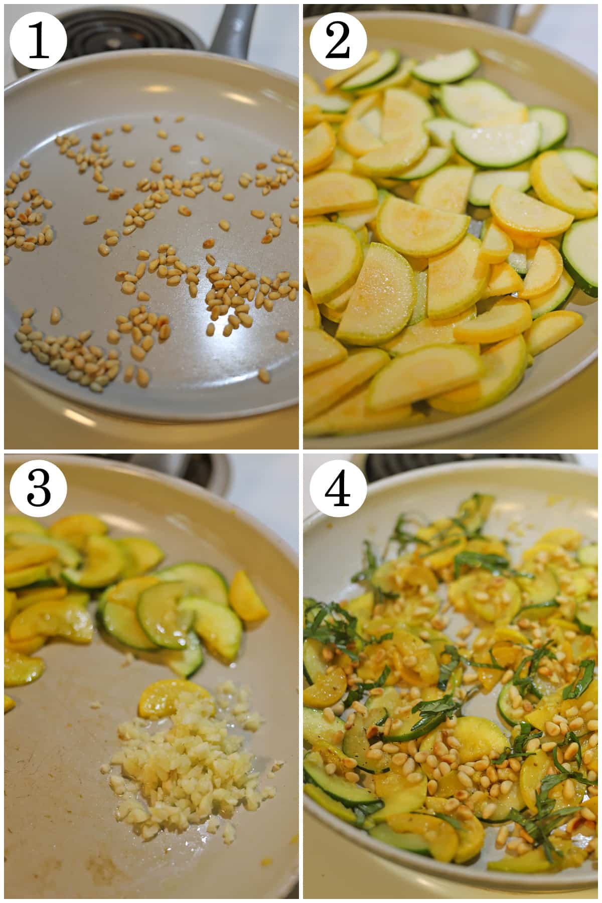 4-panel collage showing how to toast pine nuts in skillet, saute summer squash, add minced garlic, and garnish with fresh basil and lemon for recipe with summer squash and zucchini.