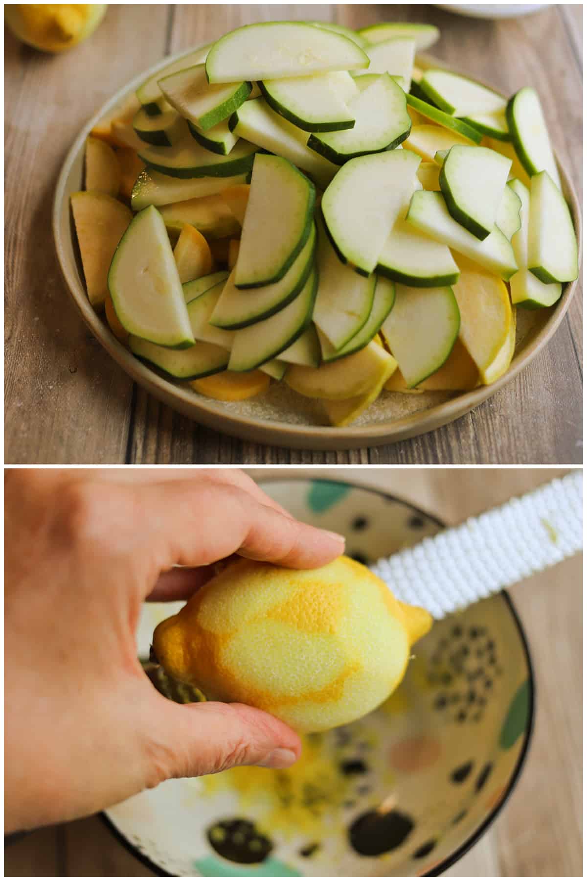 Collage showing thinly sliced summer squash and zucchini on plate and lemon being zested with rasp-style grater.