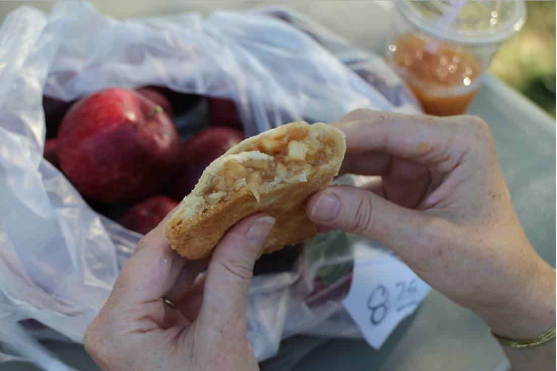 Hands holding half eaten apple turnover with bits of apple poking out, whole apples, and apple slushie in background.