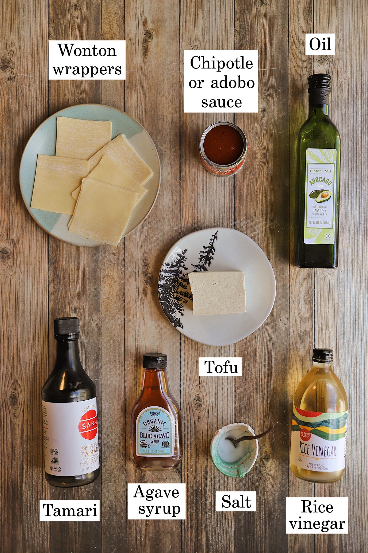 Labeled ingredients for chipotle tofu dumplings on table.