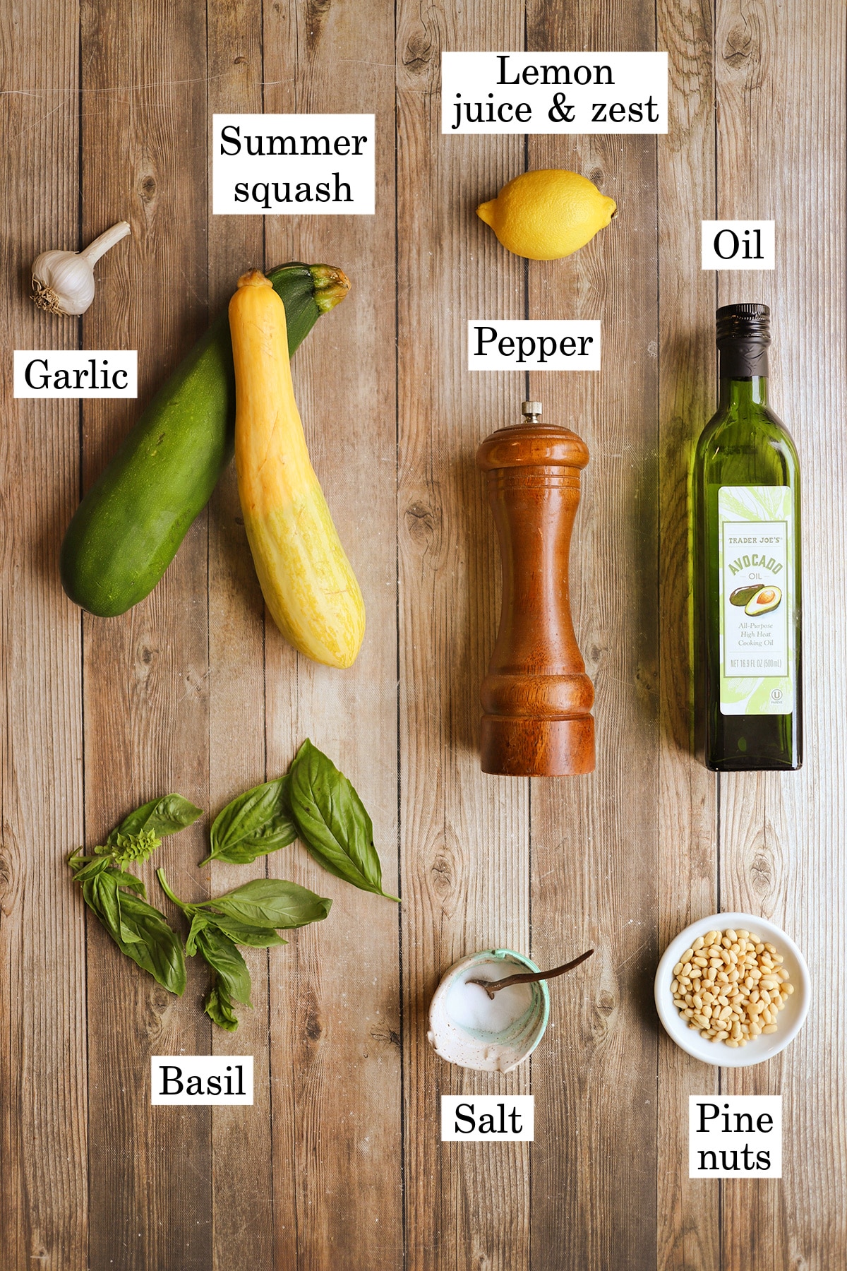 Labeled ingredients for recipe with summer squash and zucchini.