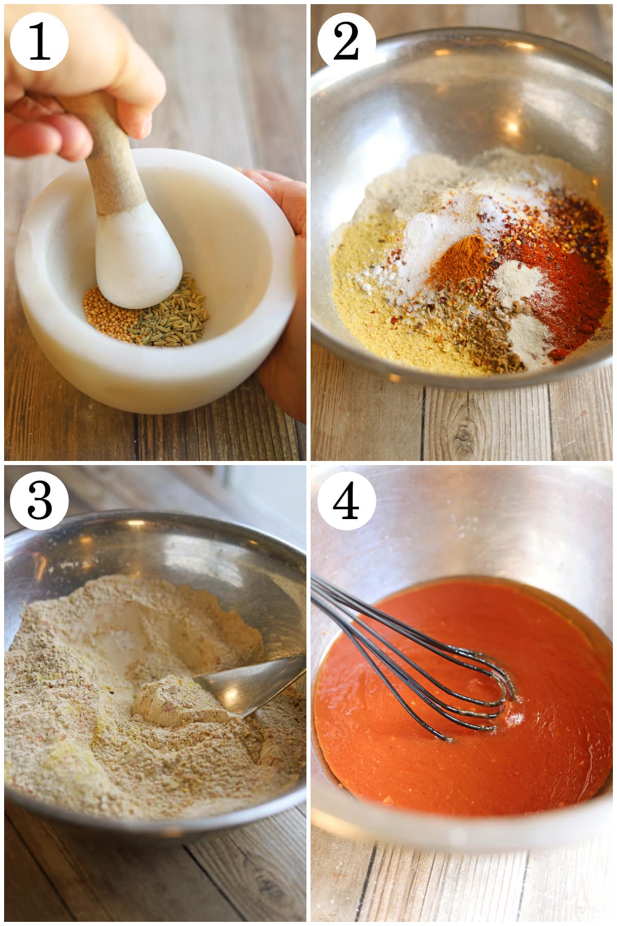4-panel collage showing how to grind fennel and mustard seeds, add dry ingredients to bowl, combine, and stir together wet ingredients.