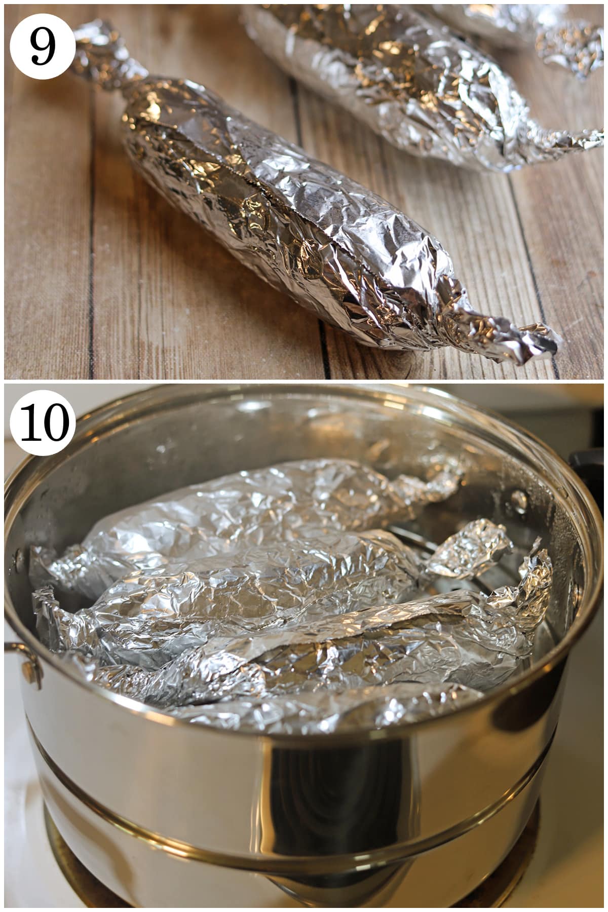 Collage with logs of seitan pepperoni in foil and foil covered vegan pepperoni in steamer pot.