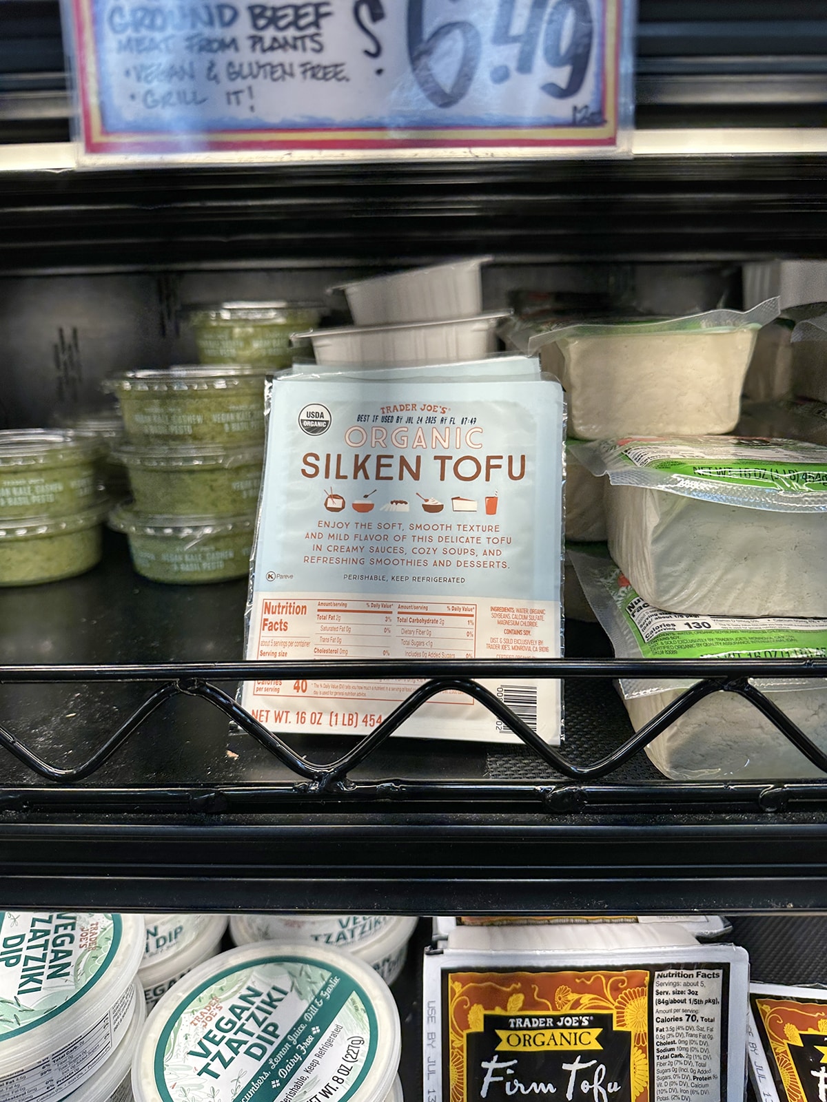 Trader Joe's organic silken tofu on the store shelf.