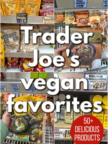 Text overlay: Trader Joe's vegan favorites, 50+ delicious products. Collage with piquant popcorn, beefless bulgogi, teriyaki mushroom bao, and onion salt on store shelves.