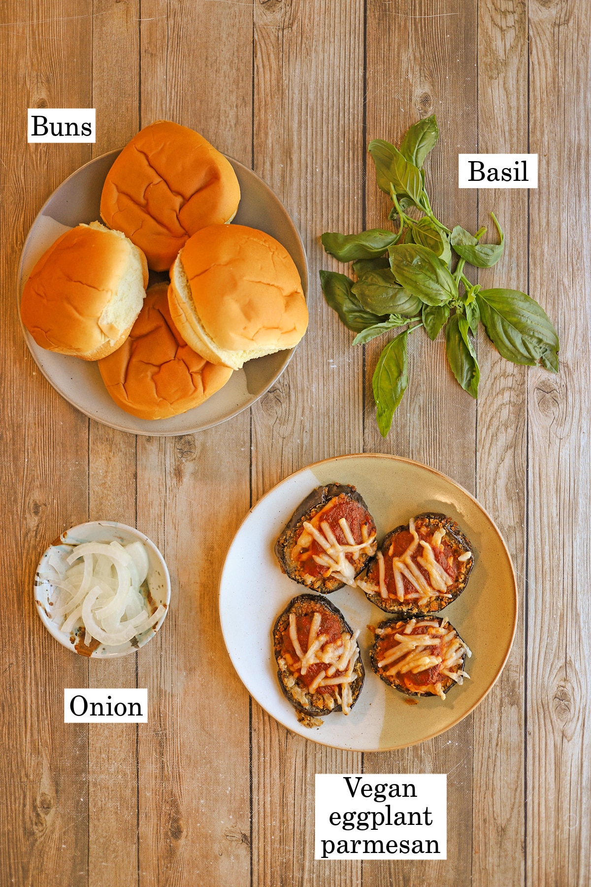 Labeled ingredients for vegan eggplant parm sandwich made in the air fryer.