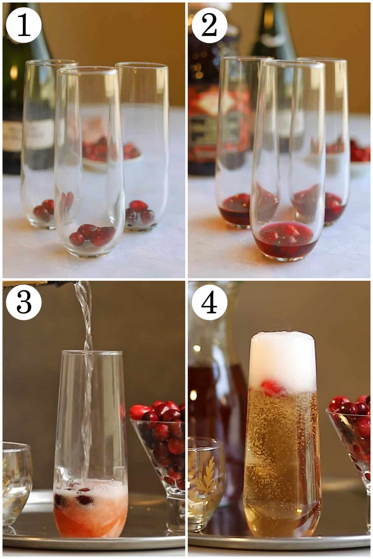 4-panel collage how to add cranberries to glass, top with cranberry juice, finish with sparkling wine, and enjoy.