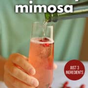 Text overlay: cranberry mimosa, just 3 ingredients, get the recipe at cadryskitchen.com. Hand holding champagne cocktail with cranberry juice.