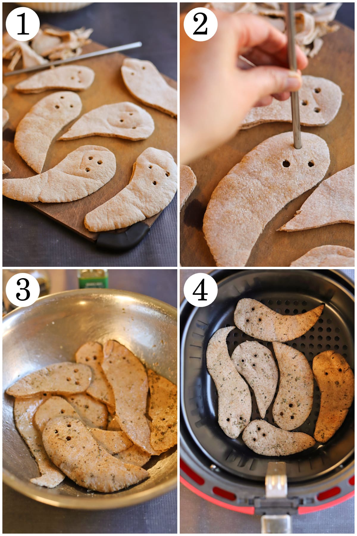 4-panel collage showing how to cut out ghost shapes in pita bread, punch out eyes and mouths, toss with seasonings, and air fry until crispy.