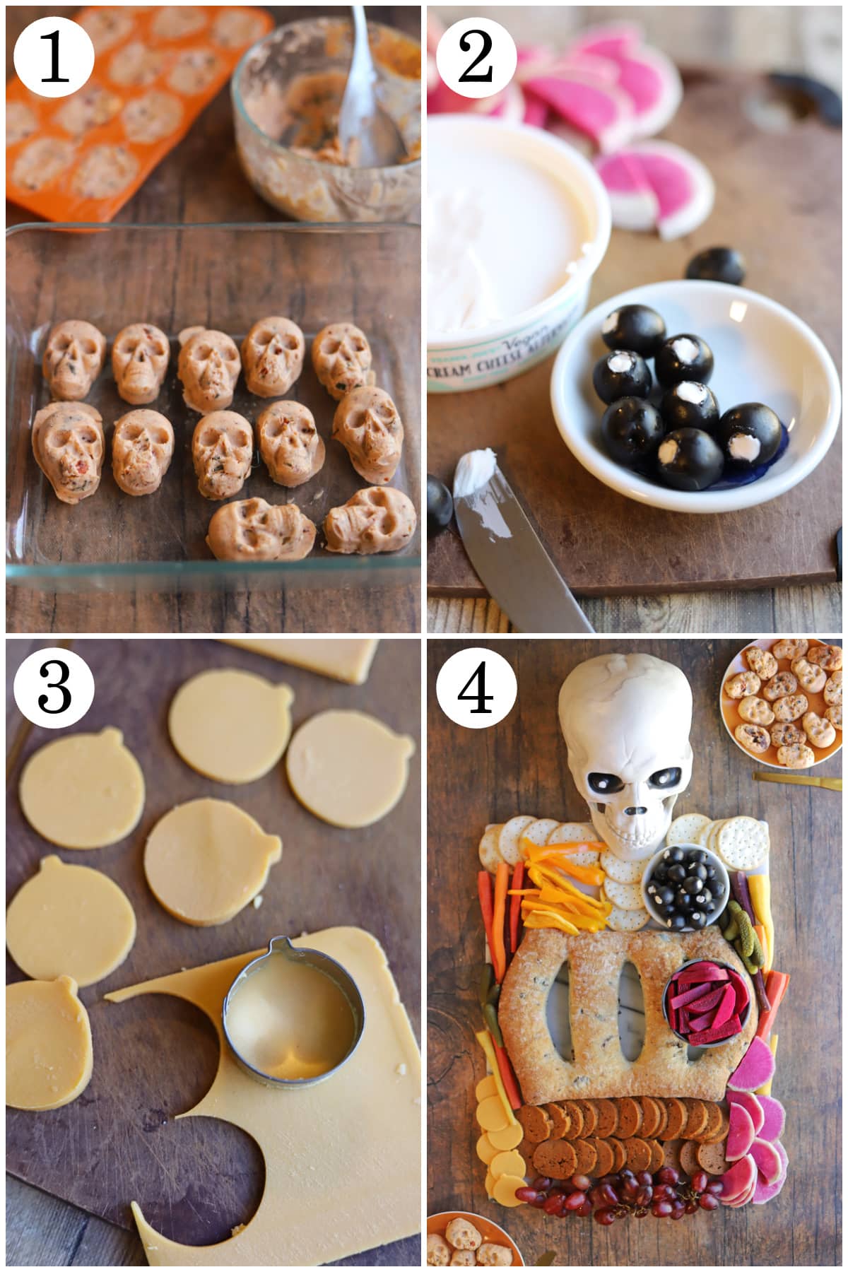 4-panel collage showing how to make vegan butter skulls, fill black olives with non-dairy cream cheese, use cookie cutter to punch out vegan cheese pumpkins, and assemble halloween charcuterie board.