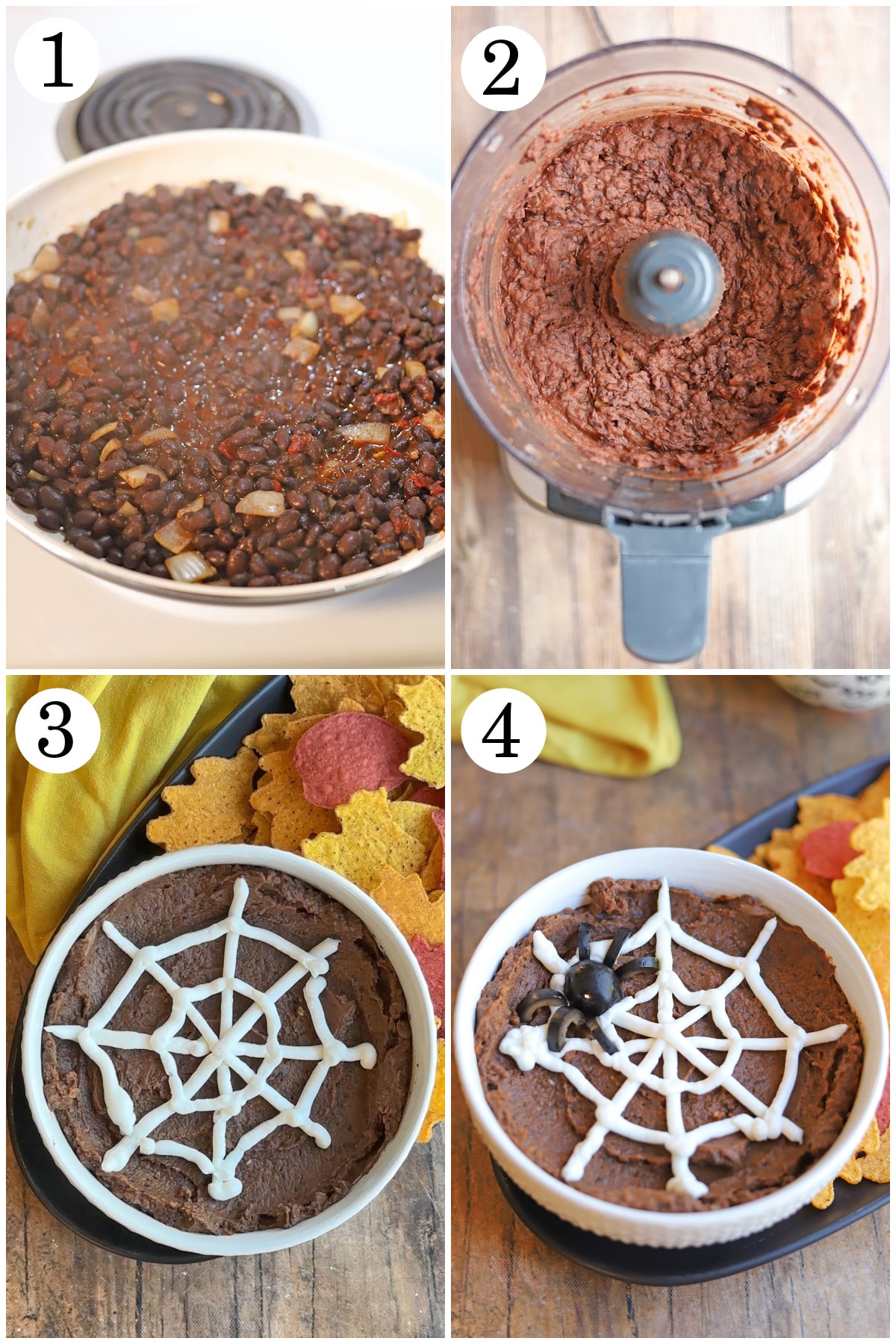 4-panel collage showing how to cook black beans with chipotle pepper in adobo, blend in food processor, add sour cream spider web, and olive spider.