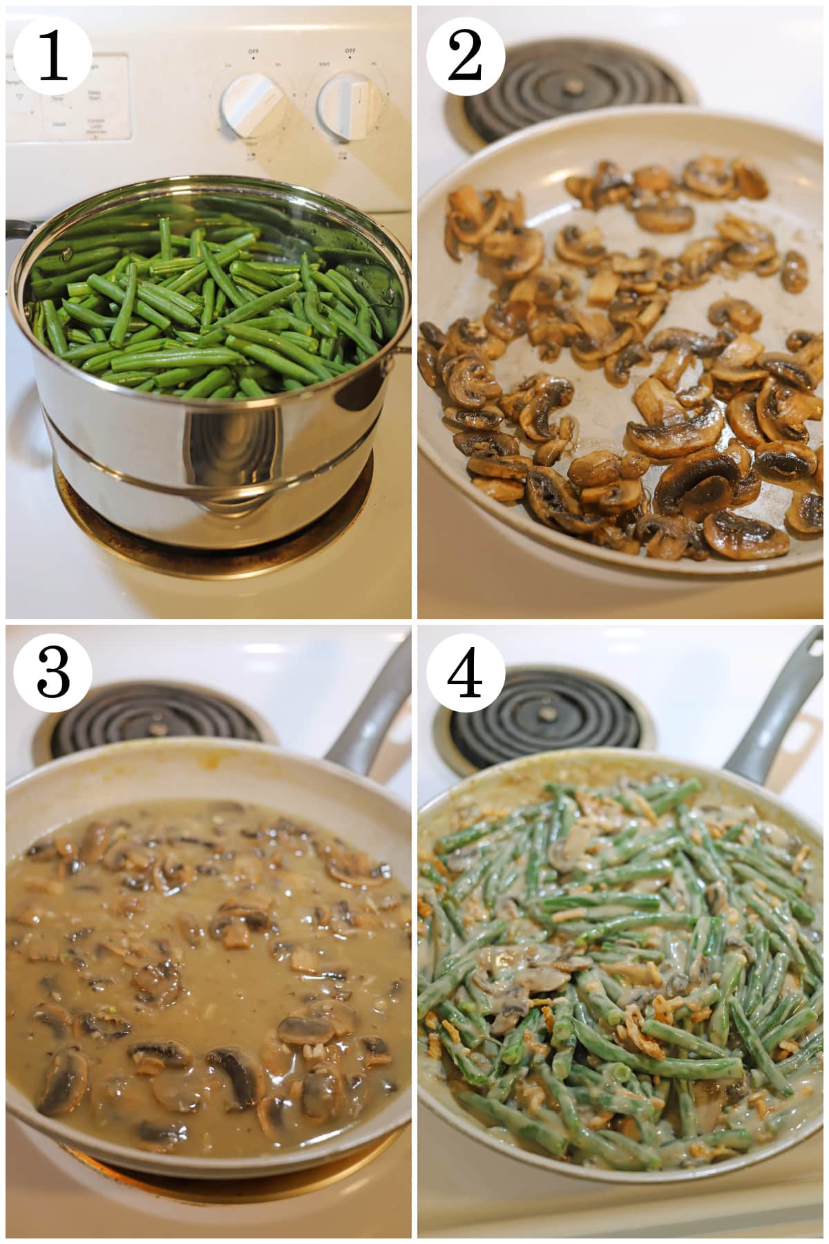 4-panel collage showing how to steam green beans, saute mushrooms, make gravy, toss green beans and fried mushrooms in sauce.