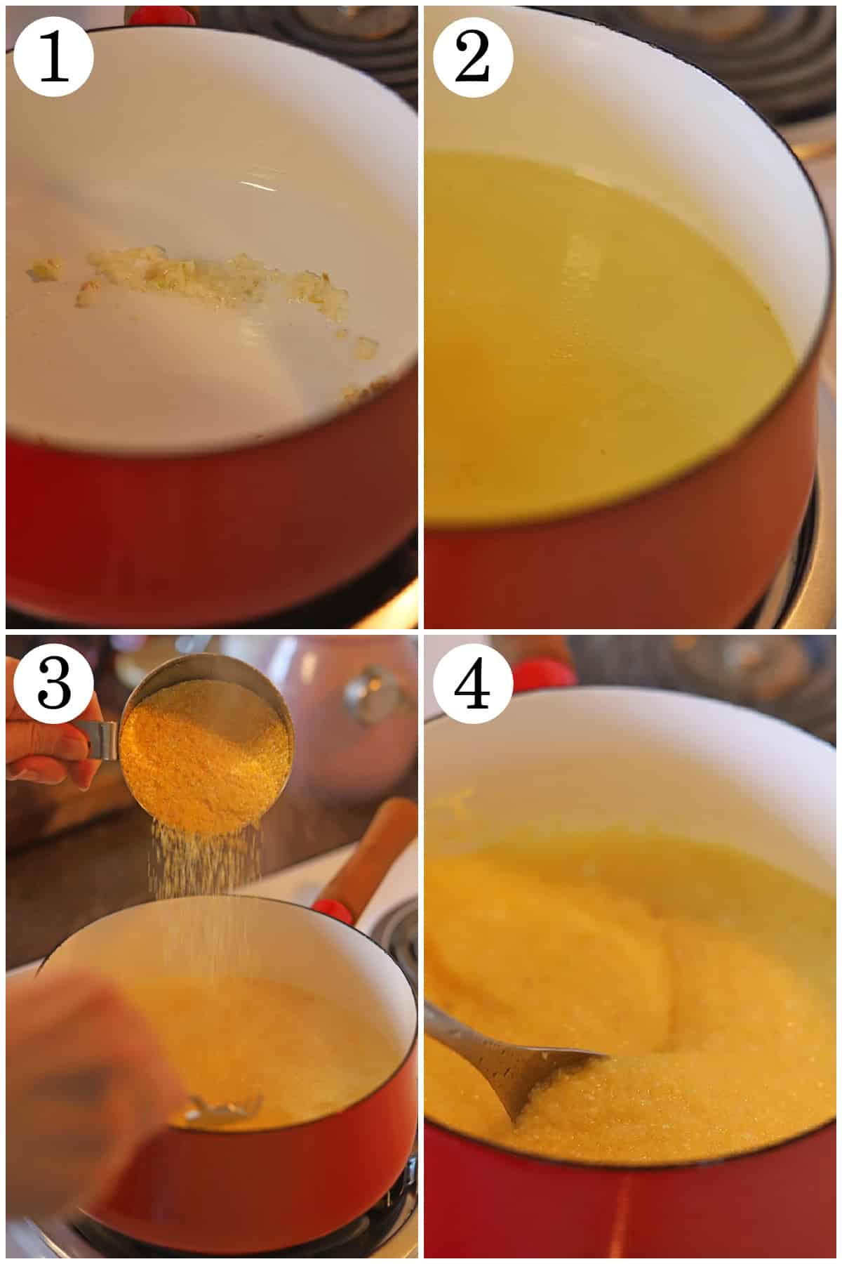 4-panel collage showing how to saute garlic, add water and bouillon, stir in cornmeal grits, and stir until creamy.