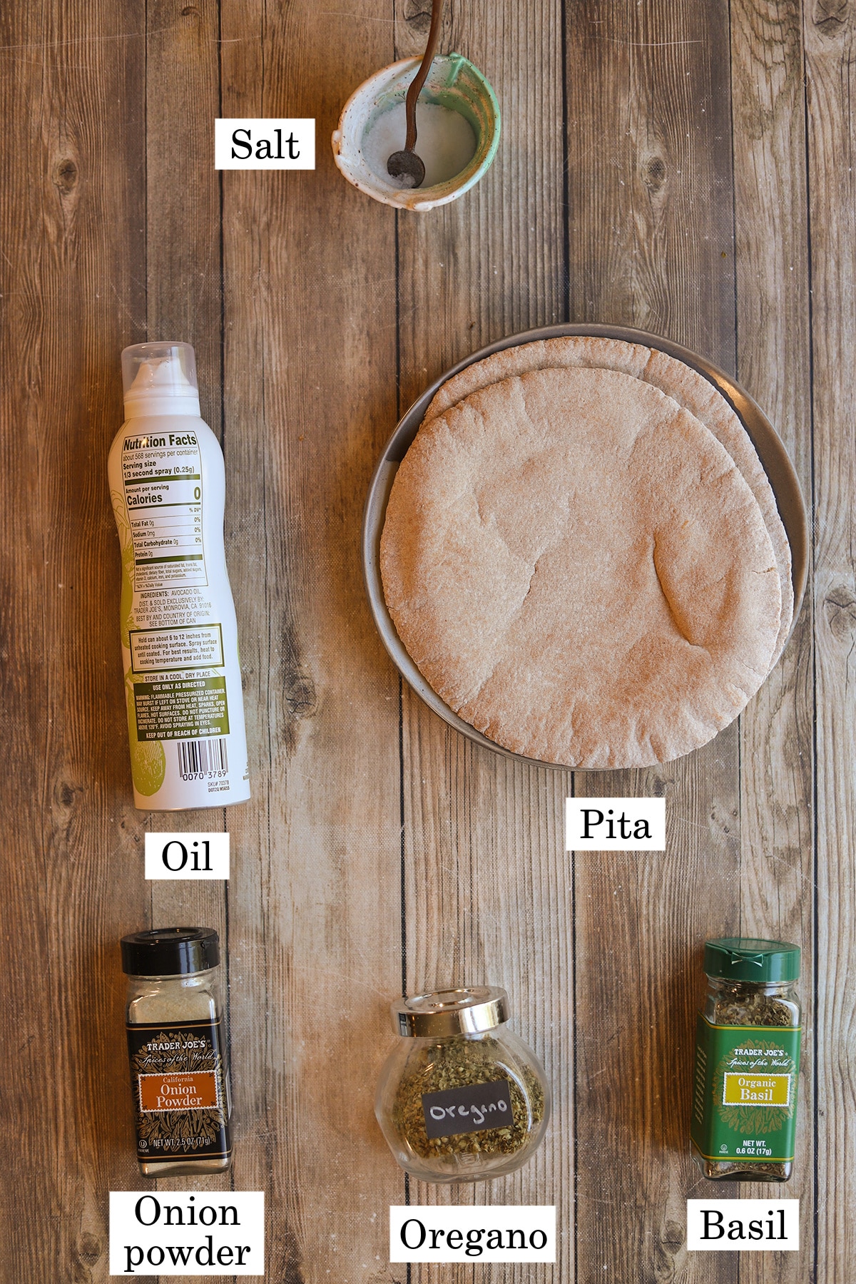 Labeled ingredients for crispy pita ghosts Halloween snack.