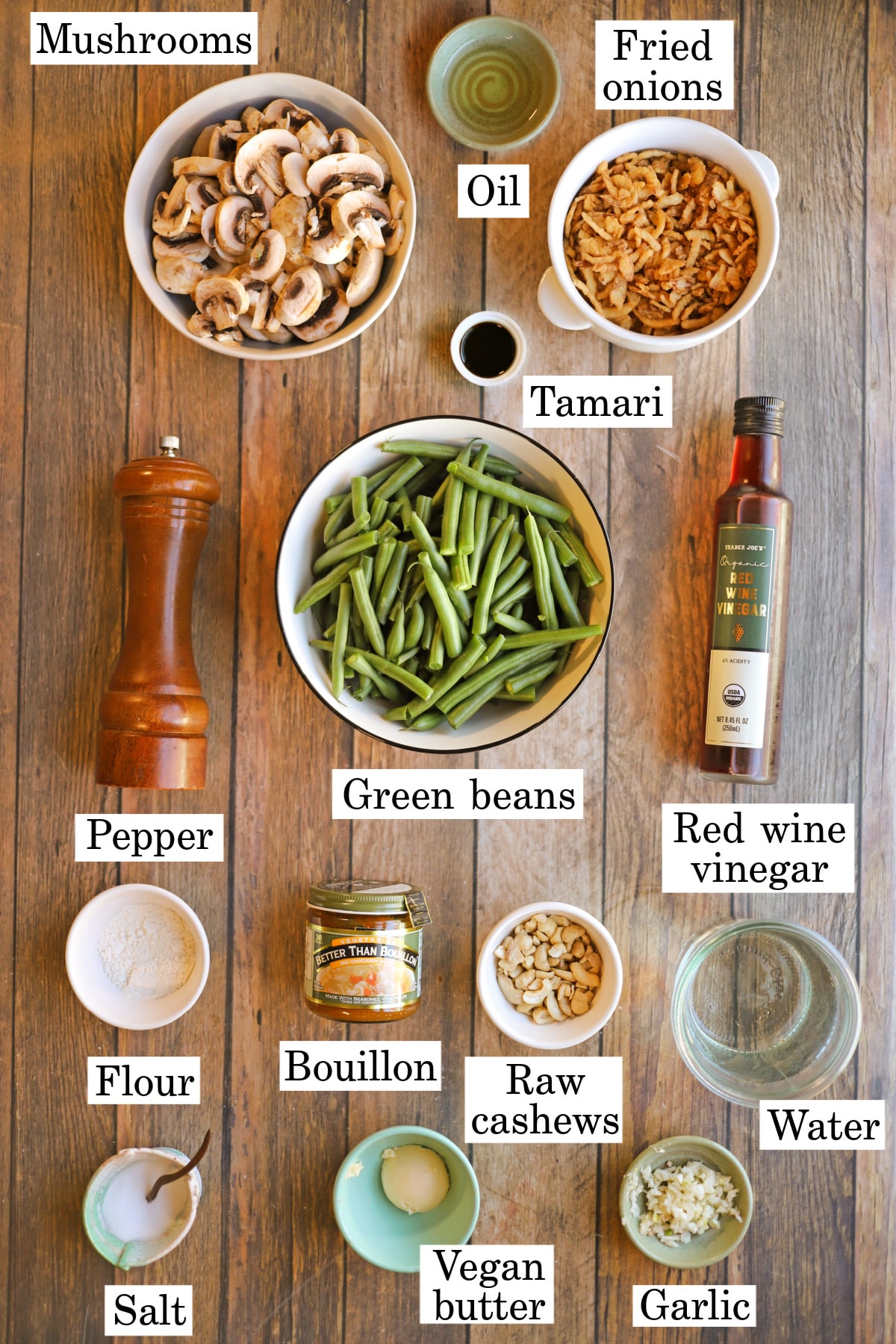 Labeled ingredients for vegan green bean casserole.