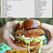 Milwaukee Vegan Restaurant Week 2025 list of participating restaurants and hands holding a vegan chicken sandwich.