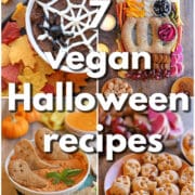 Text overlay: 7 vegan Halloween recipes. 4-panel collage with spider web dip, skeleton charcuterie board, pita ghosts in hummus, and vegan butter skulls.