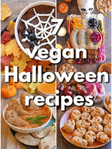 Text overlay: 7 vegan Halloween recipes. 4-panel collage with spider web dip, skeleton charcuterie board, pita ghosts in hummus, and vegan butter skulls.