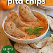 Text overlay: Ghost pita chips, air fryer or baked, get the recipe at cadryskitchen.com. Crispy air fryer ghosts in hummus dip.