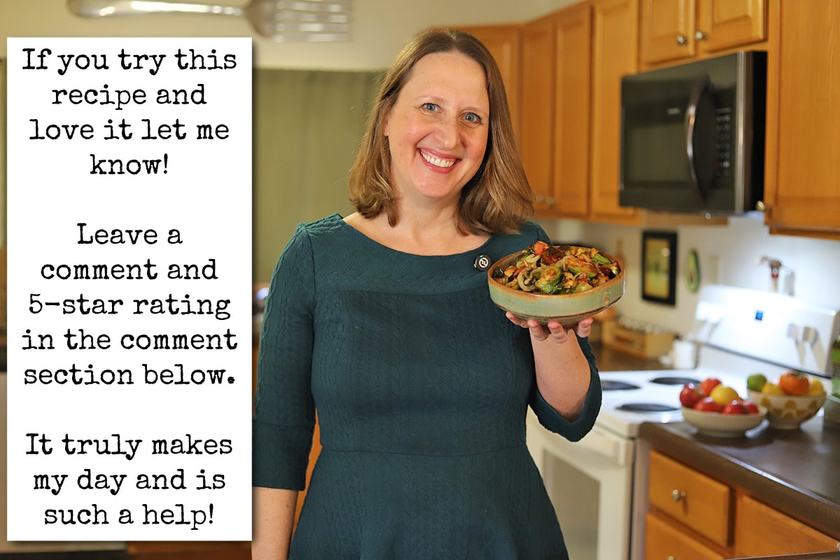 Cadry holding bowl of Brussels sprouts with apples and caramelized onions. Text overlay asking for a comment and rating if you've made the dish.