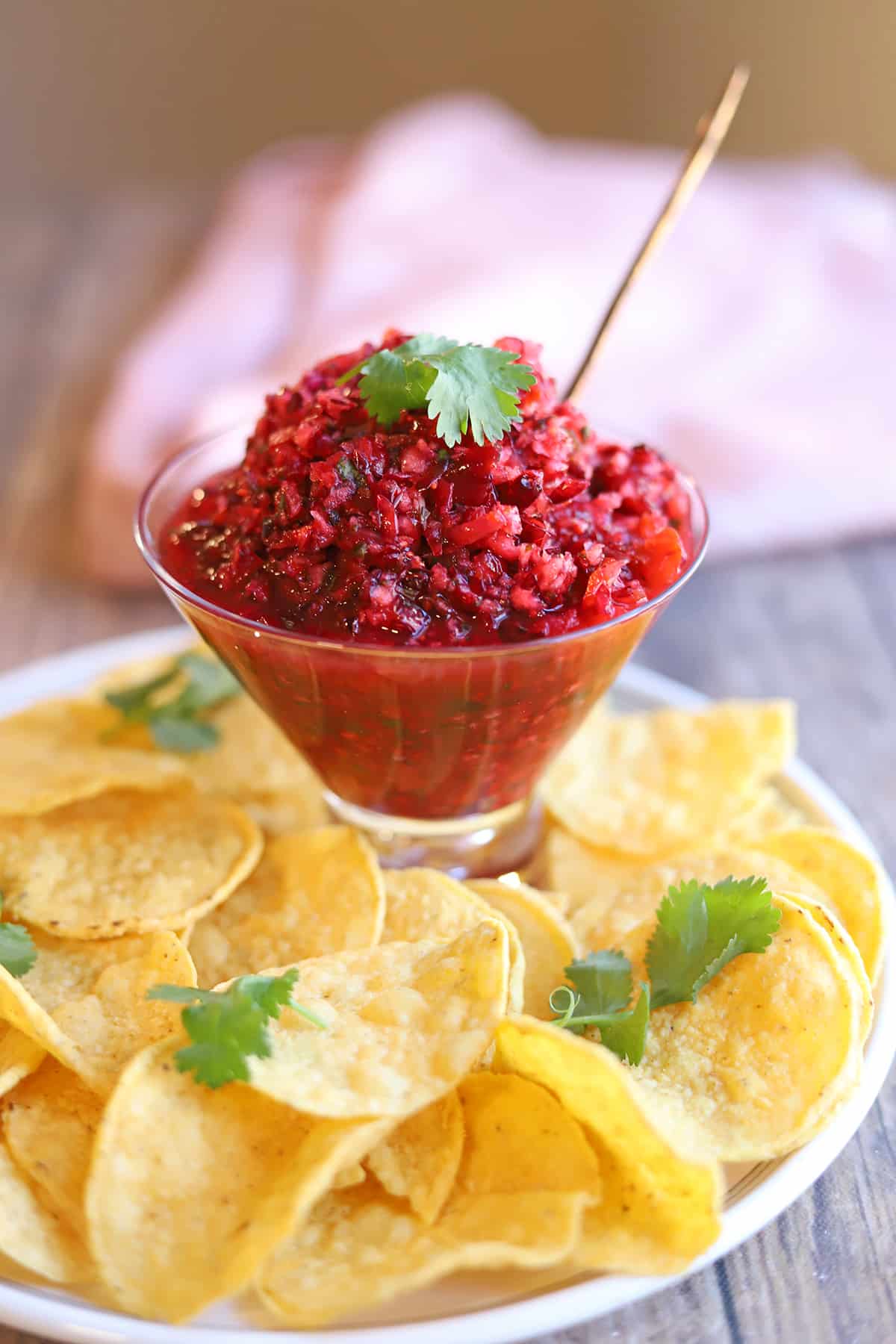 Glass cocktail glass with cranberry salsa garnished with cilantro on plate of tortilla chips.