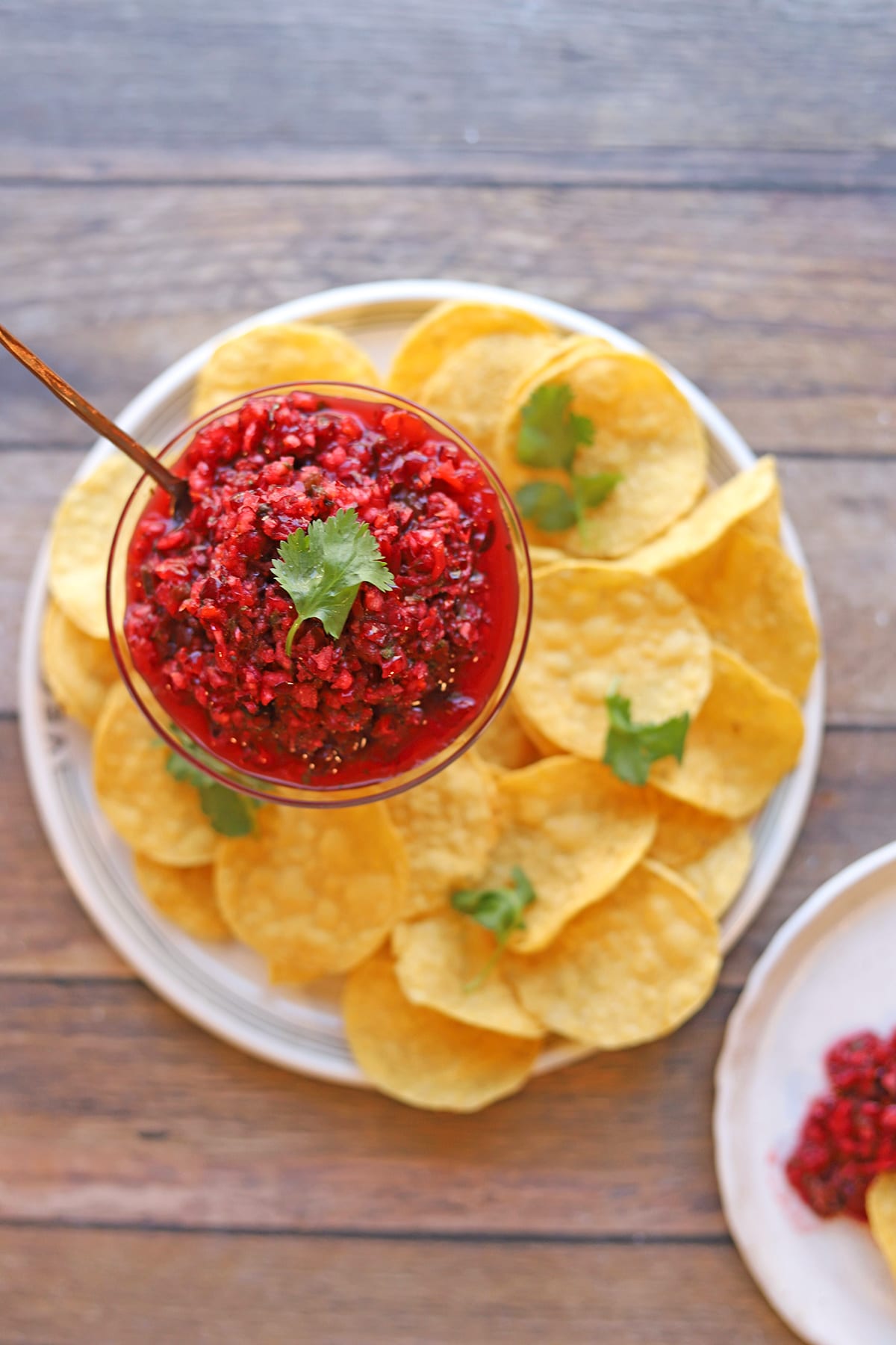Tortilla chips surrounding bowl of cranberry salsa with jalapeno and orange juice.