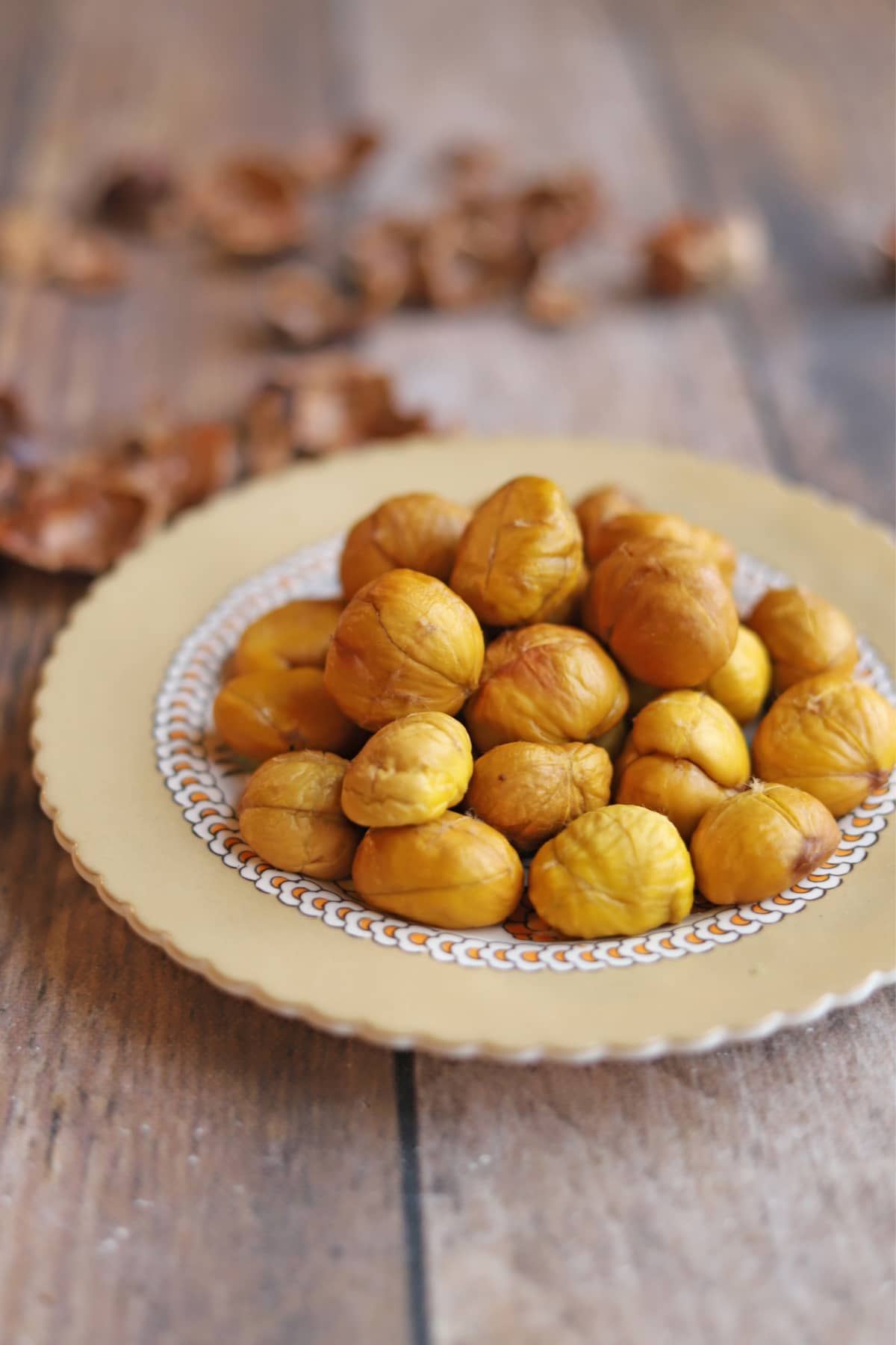 Air fryer chestnuts on plate.