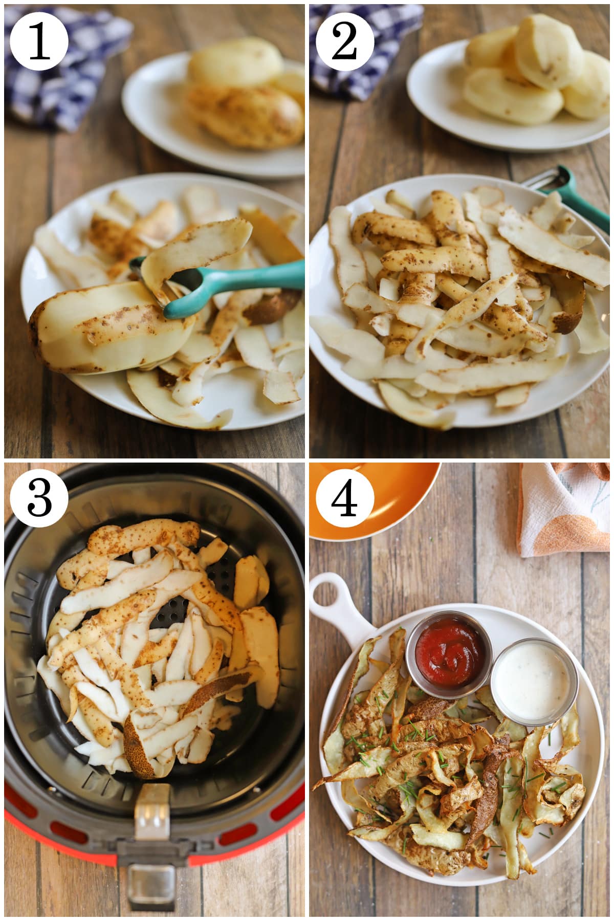 4-panel collage showing how to peel potatoes, continue until all are done, add to air fryer basket, and serve with dipping sauces.