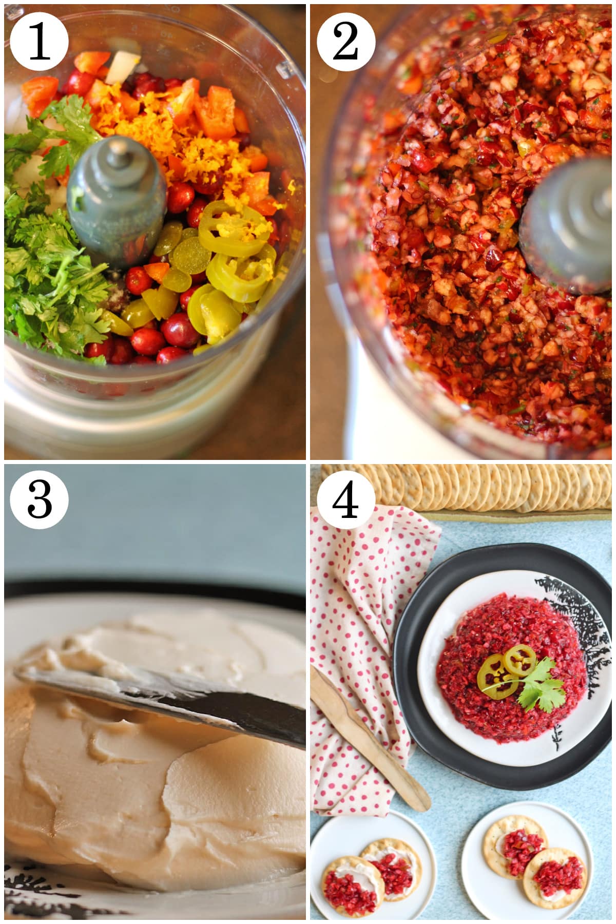 4-panel collage showing how to add ingredients to food processor, pulse to blend, put vegan cream cheese on plate, and top with cranberry jalapeno salsa.