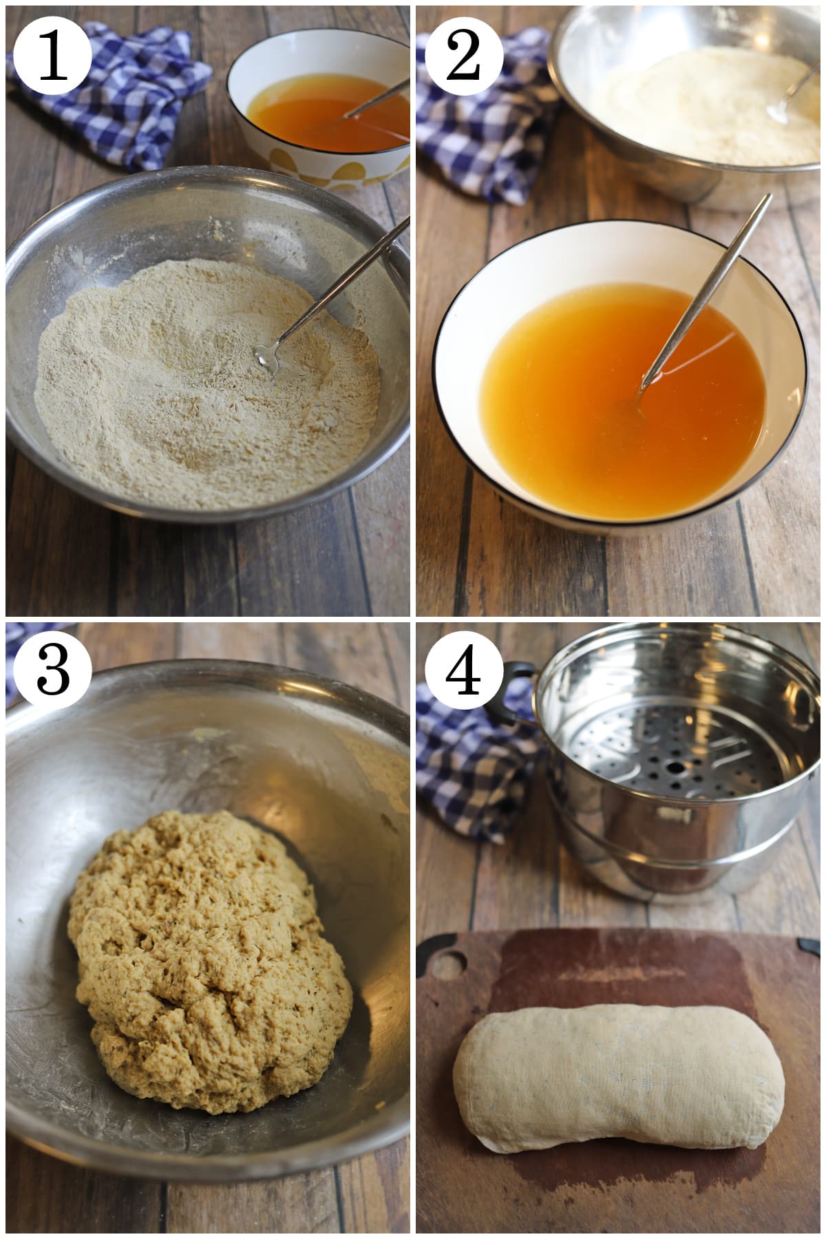 4-panel collage showing how to season flour, combine wet ingredients, form into dough, and wrap seitan turkey in cheesecloth.