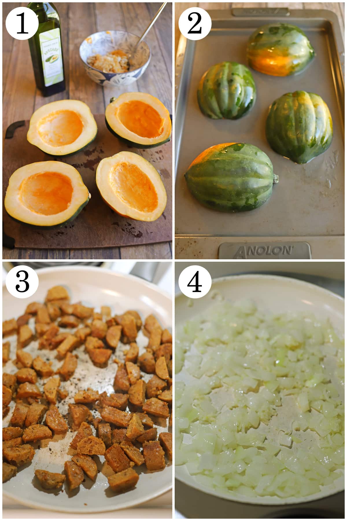 4-panel numbered collage showing how to cut and de-seed acorn squash into halves, roast cut side down on baking sheet, brown vegan sausage in skillet, and saute onions.