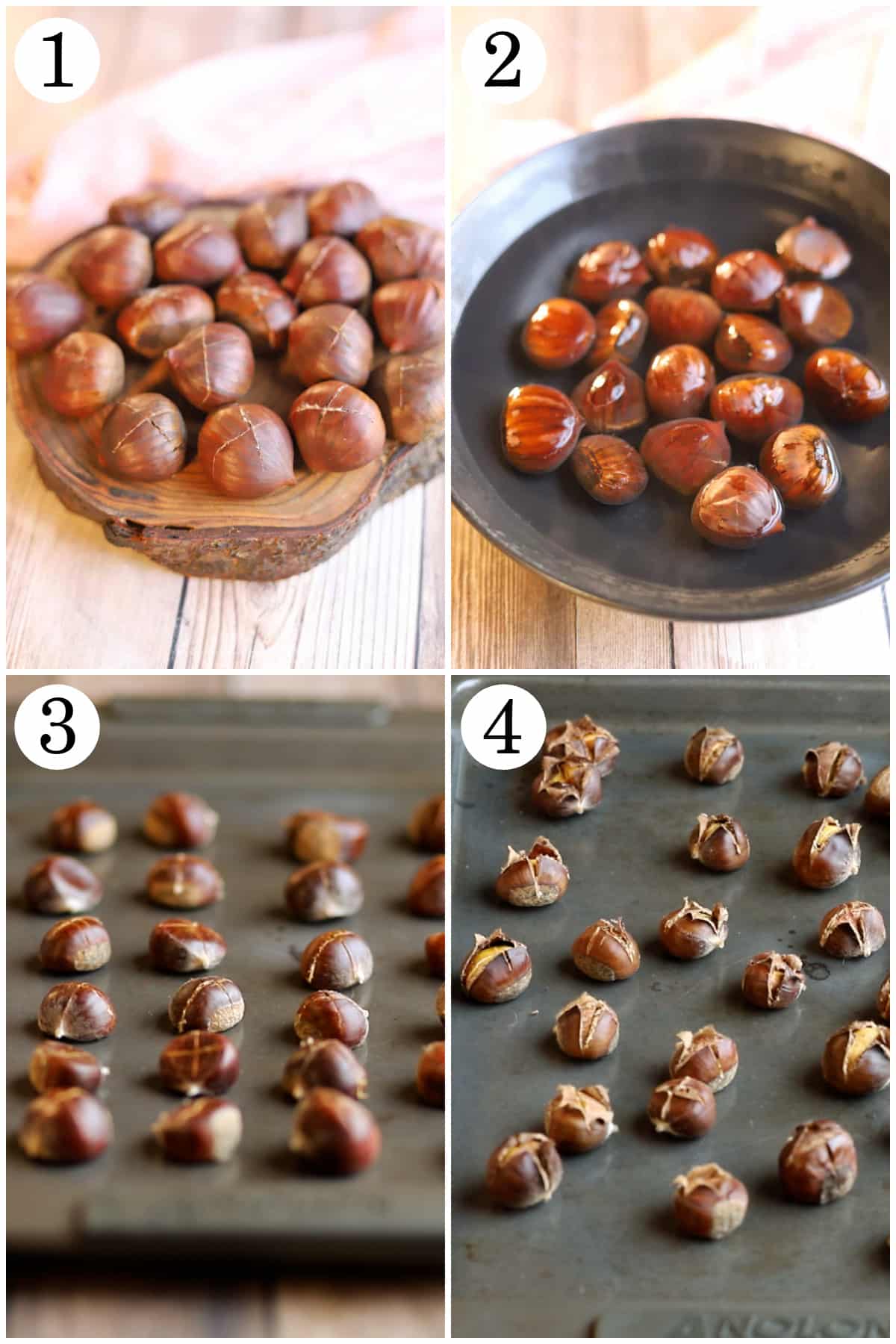 How to roast chestnuts in oven - score chestnuts, soak (optional), bake, and peel.
