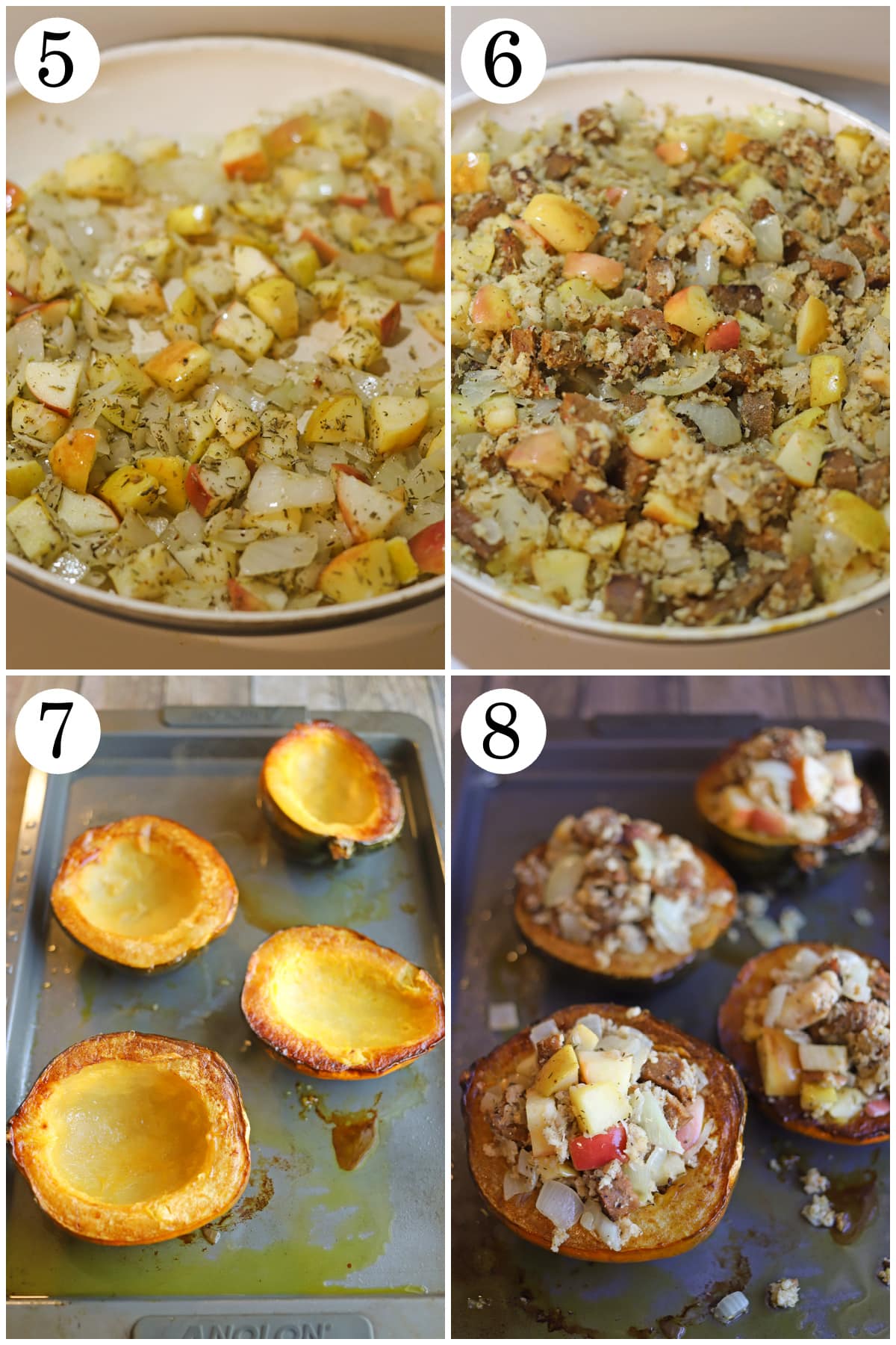 4-panel collage showing how to saute apples with herbs, add vegan sausage, flip roasted acorn squash halves, and fill with stuffing.