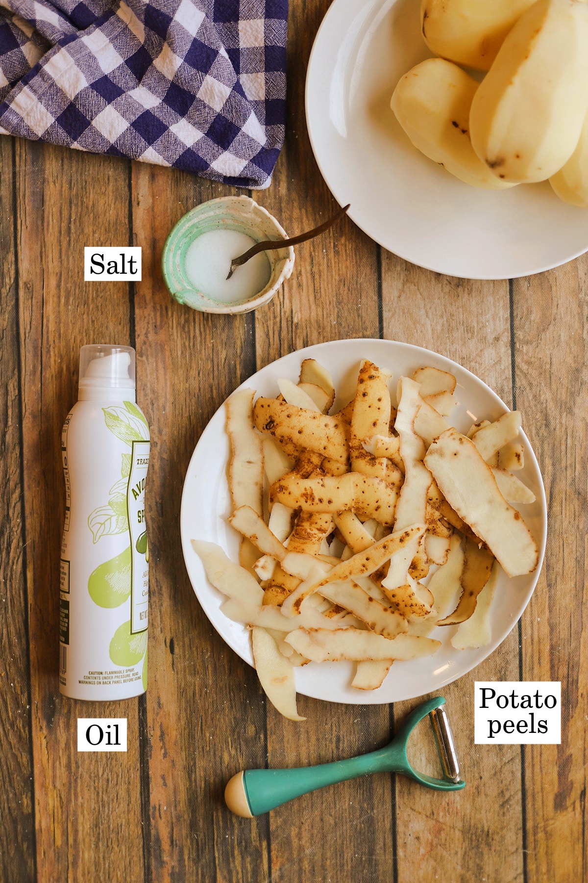 Labeled ingredients for air fryer potato peels - oil, salt, and potato peels.