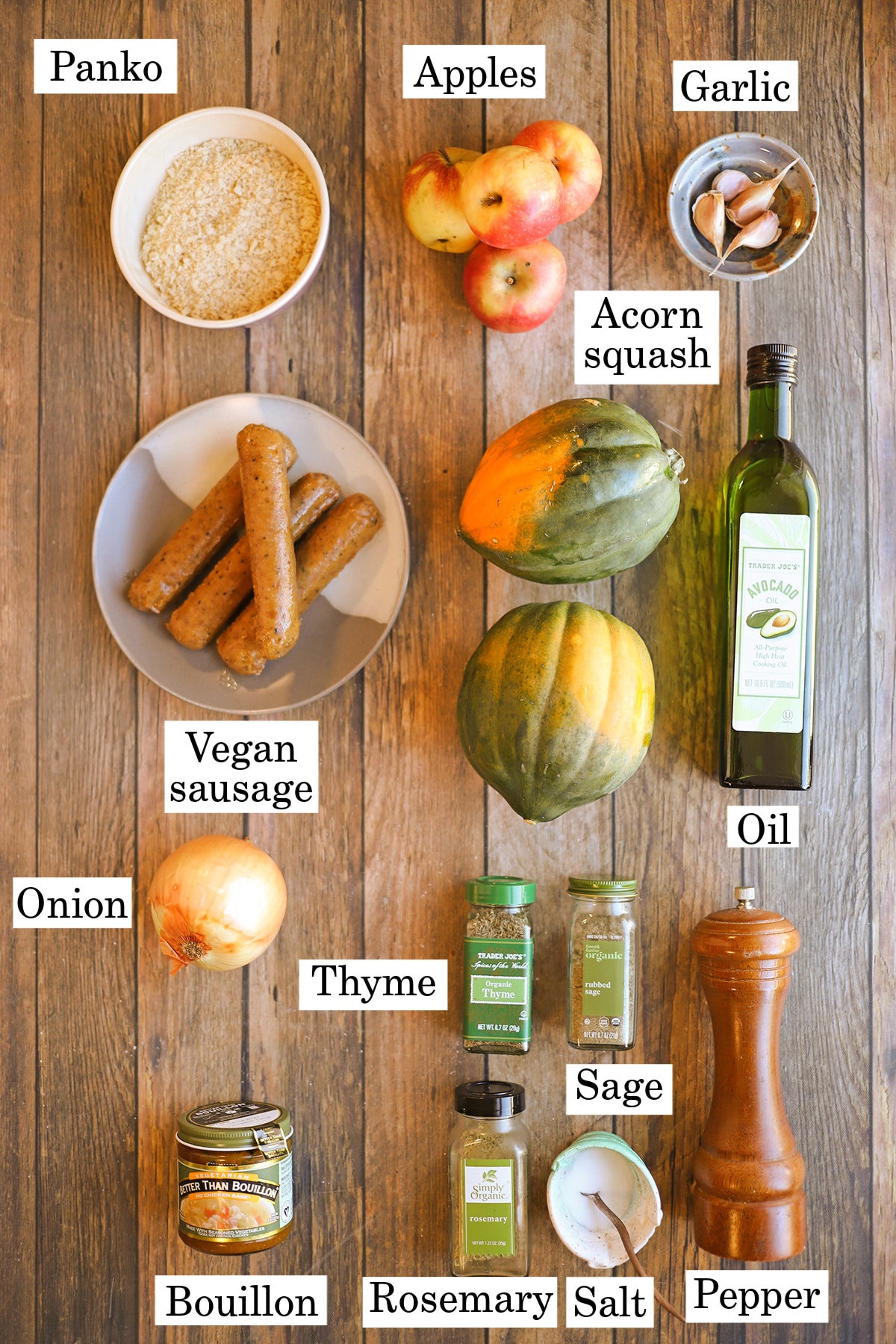 Labeled ingredients for stuffed vegan acorn squash.
