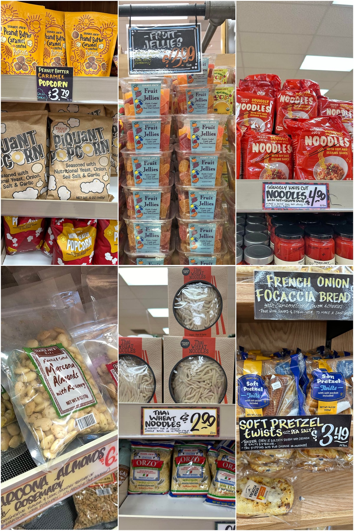 Collage with piquant popcorn, fruit jellies, squiggly noodles, Marcona almonds, Thai noodles, and soft pretzel twists.