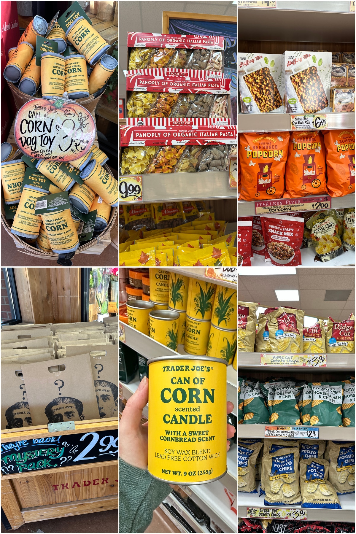 Collage with corn dog toy, boxed pasta set, Thanksgiving popcorn, mystery pack bags, corn scented candle, and horseradish potato chips on display.