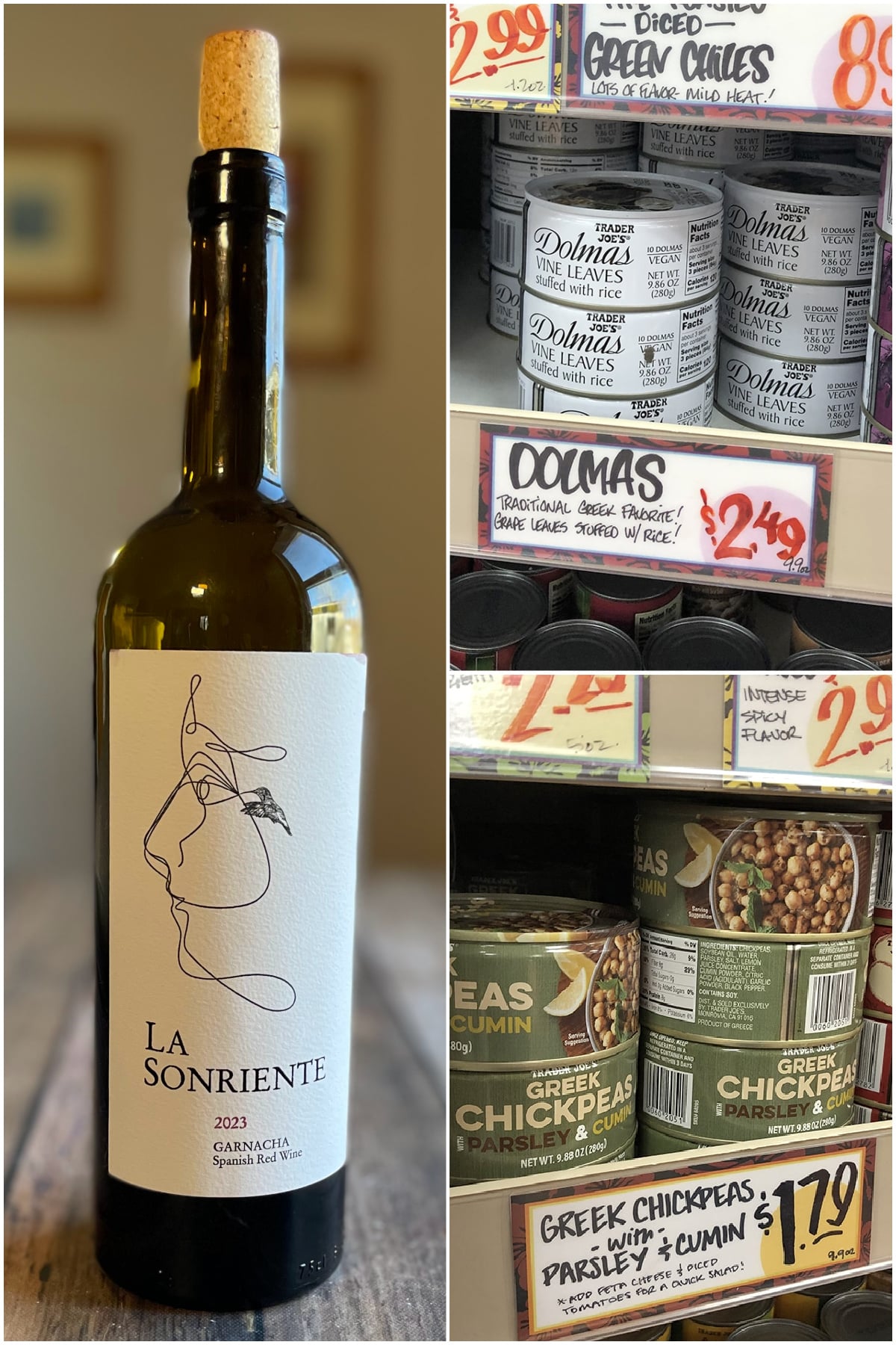 Collage with La Sonriente wine, canned dolmas, and canned Greek chickpeas.