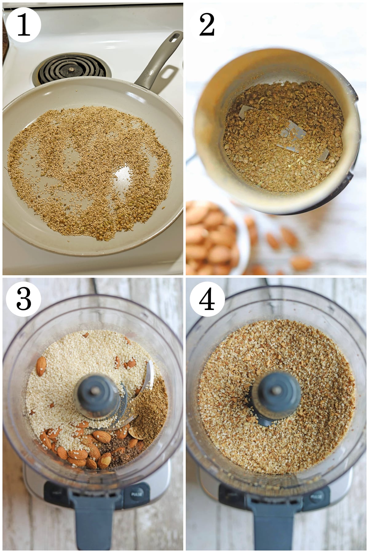 4-panel collage how to toast spices and seeds, grind in coffee grinder, add to food processor with nuts, and crush to pebble size.