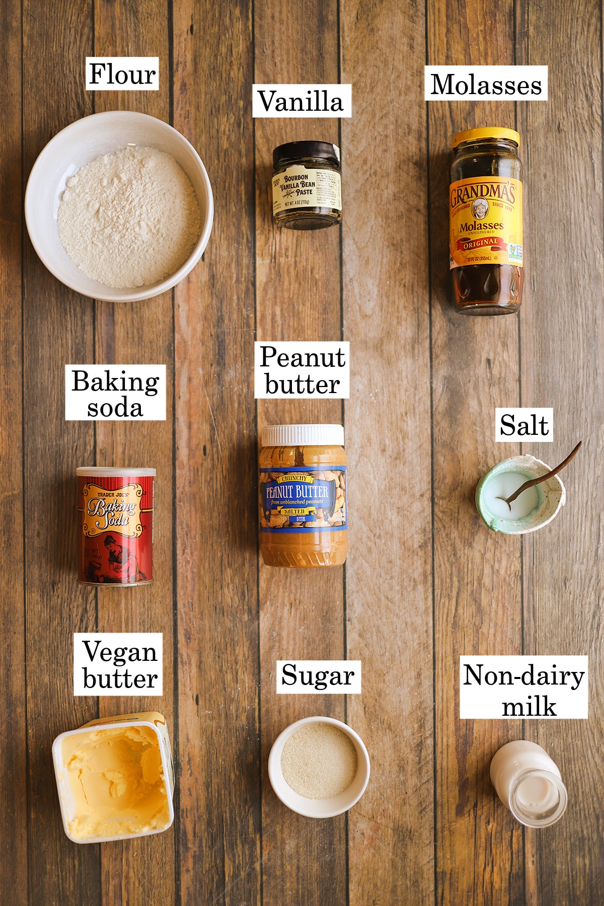 Labeled ingredients for one bowl vegan peanut butter cookies.