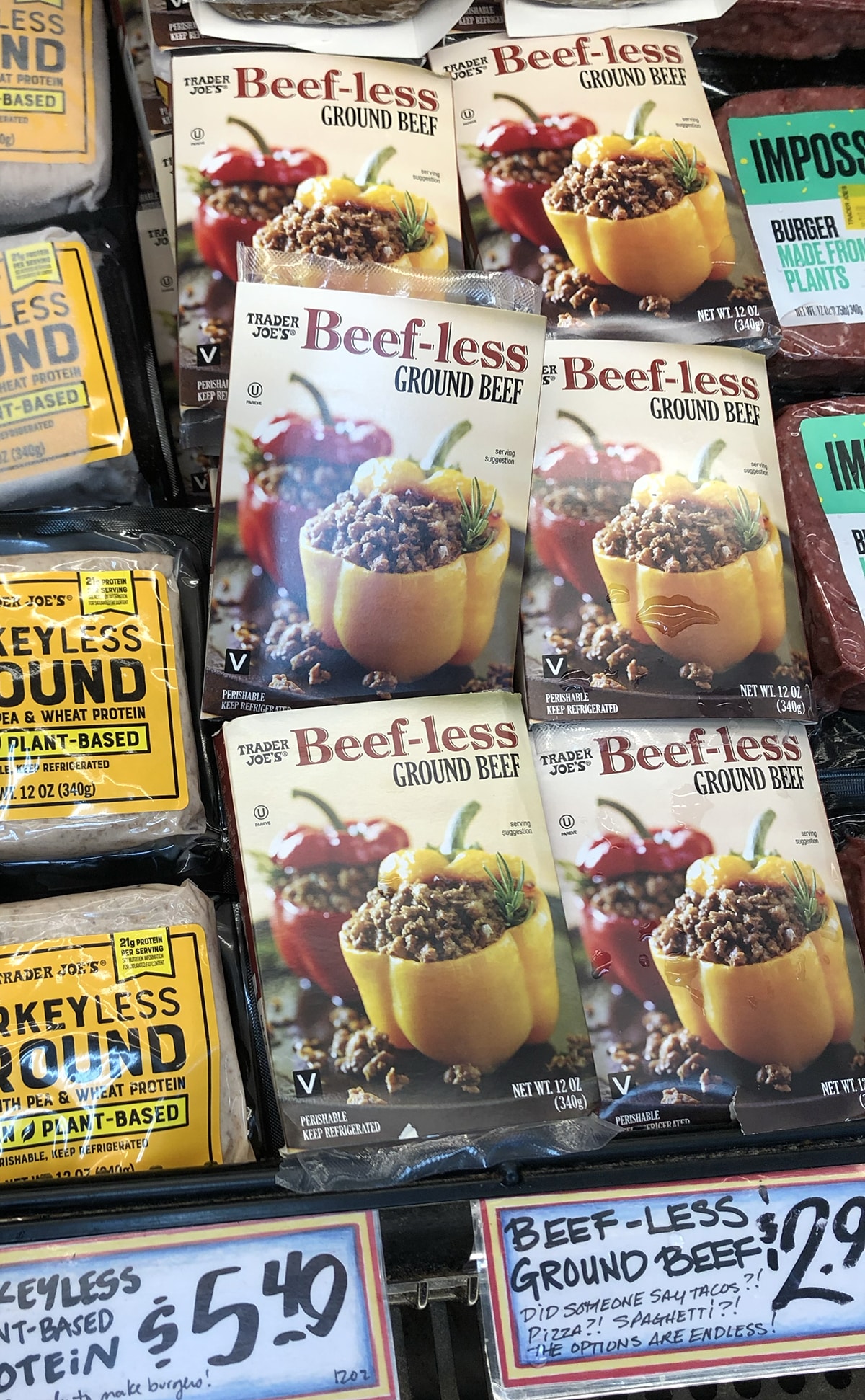 Beef-less ground beef in refrigerated section of Trader Joe's.