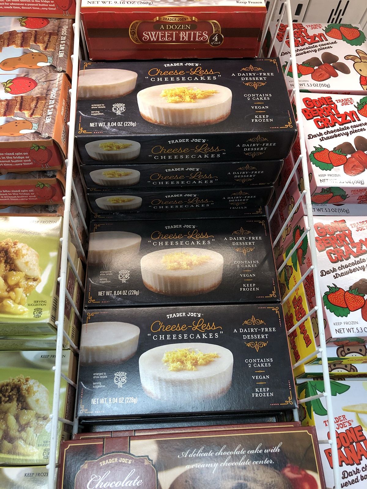 Cheese-less cheesecakes in freezer case at Trader Joe's.